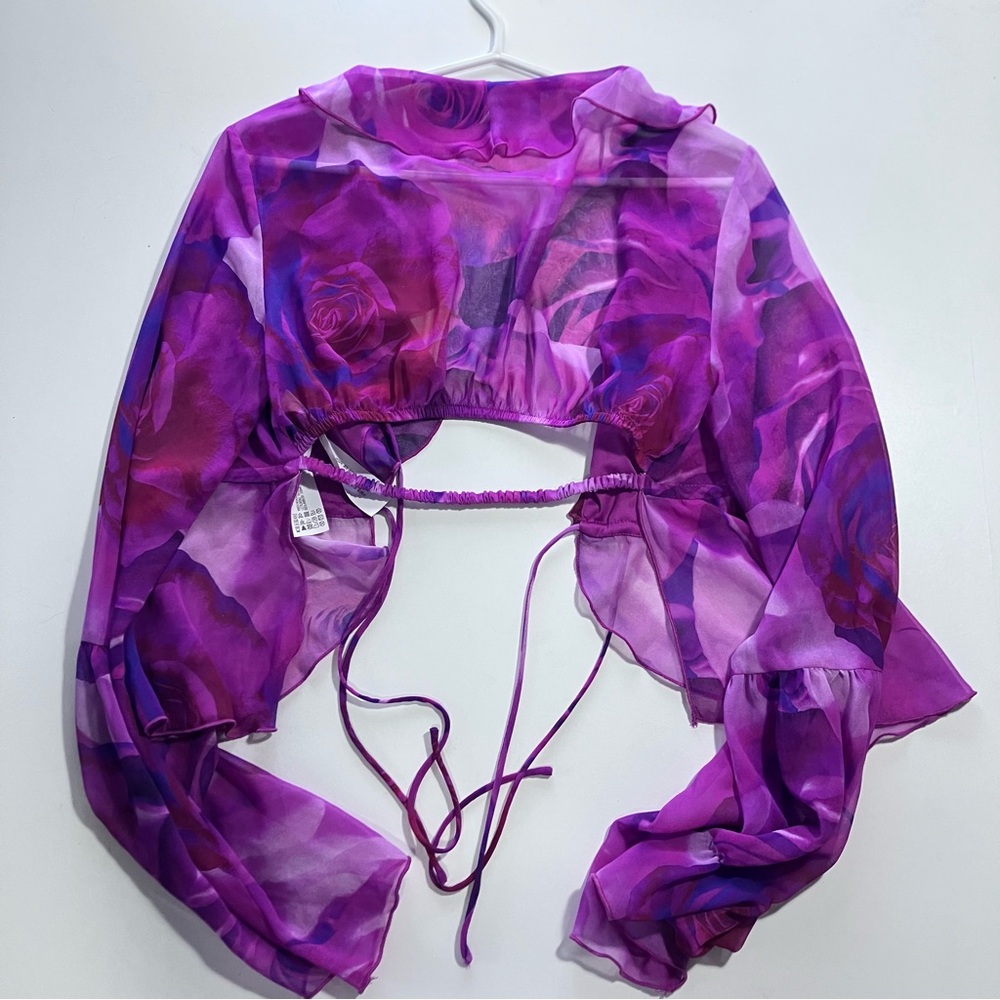 Bershka Fuchsia Purple Floral Mesh Tie Front Cropped Blouse Bell Sleeve Women M